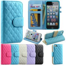 iPhone 5 5S square Flip Leather Wallet Case with Stand (Blue)